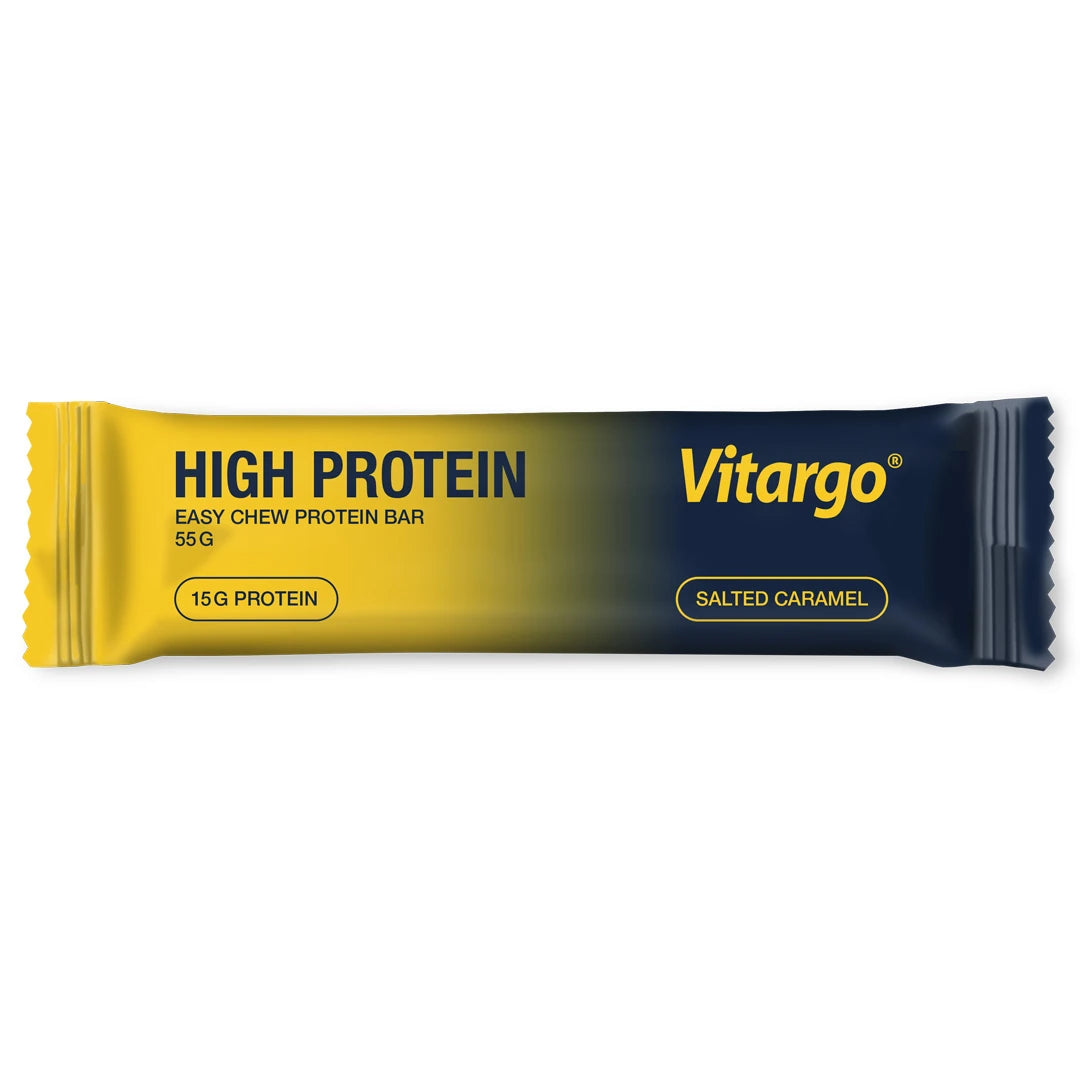 Vitargo High Protein Bar 55 g, en proteinbar i gul og mørkeblå emballasje med smaken Salted Caramel.