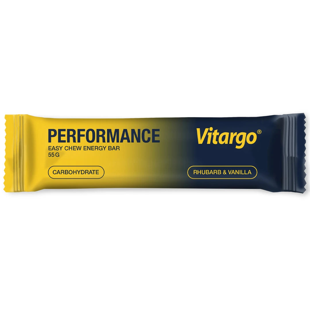 Vitargo Performance Bar 55 g energibar i en gul og mørkeblå emballasje med smaken Rhubarb & Vanilla.