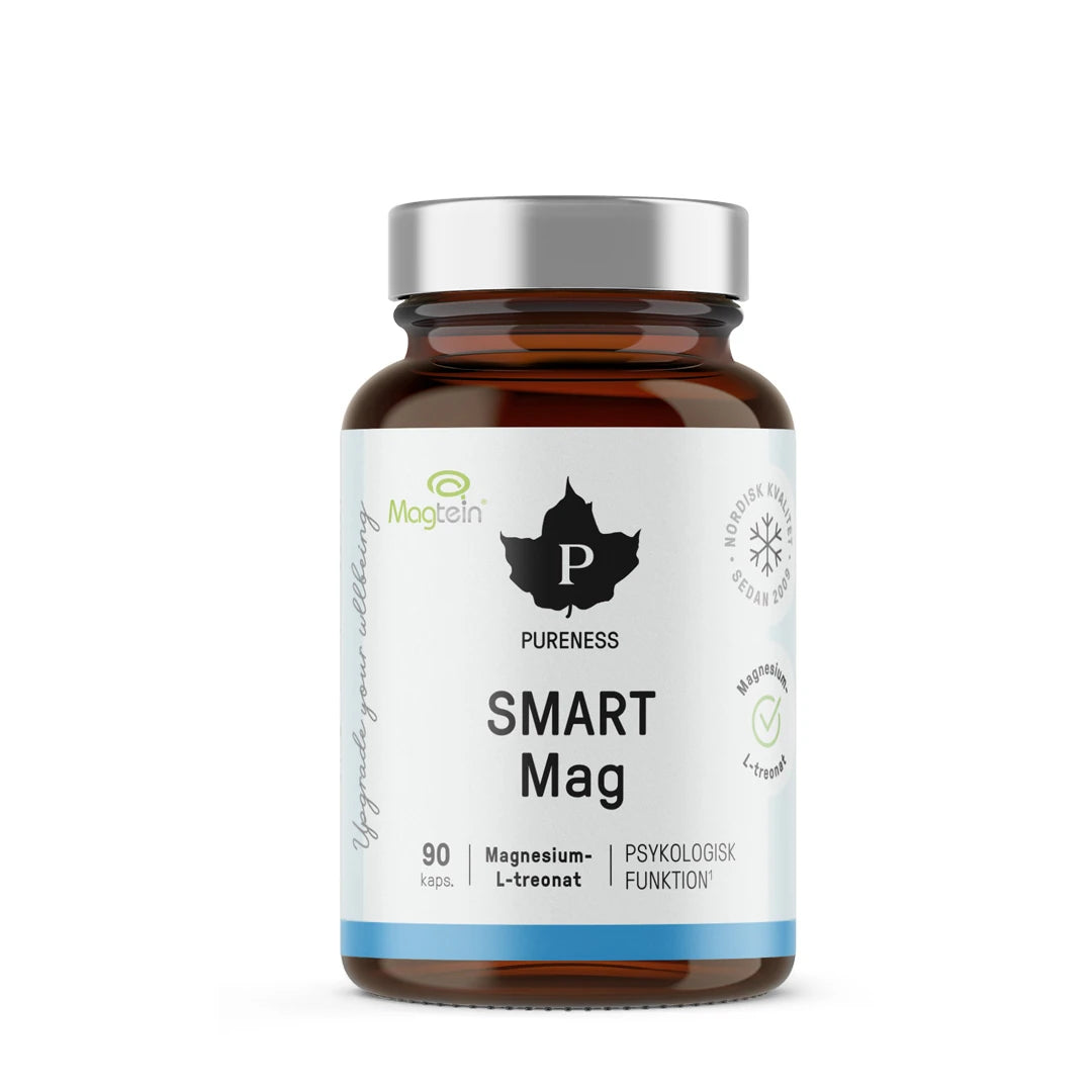 Pureness Smart Mag 90 caps magnesiumtilskudd i en brun boks med sølvlokk og hvit etikett med blå detaljer.