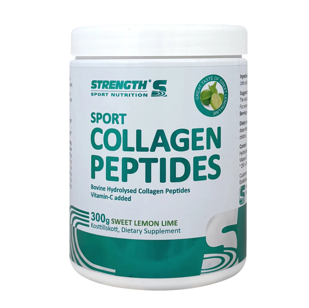 Strength Sport Nutrition Collagen Peptides 300 g i en hvit boks med grønne detaljer og tekst for smaken Sweet Lemon Lime.