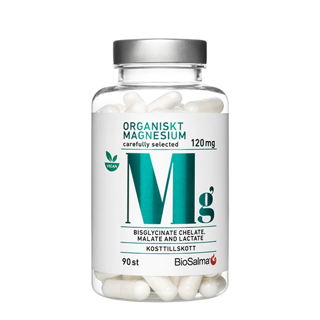 BioSalma Organiskt Magnesium 120 mg 90 tabs i en transparent boks med sølvlokk og hvite kapsler.
