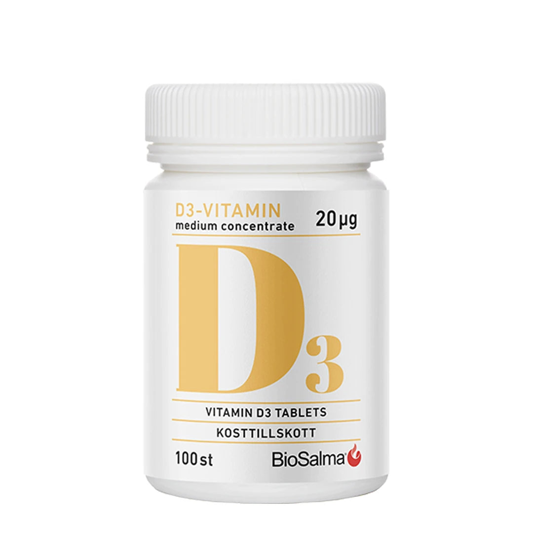 BioSalma D3 Vitamin Medium Concentrate 20 ug 100 tabs kosttilskudd i en hvit plastboks med gul tekst.