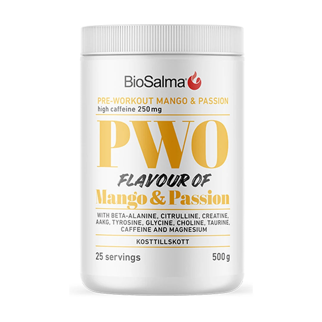 BioSalma PWO 500 g PWO-pulver i en hvit boks med gule detaljer for smaken Mango Passion., bilde 1 av 2