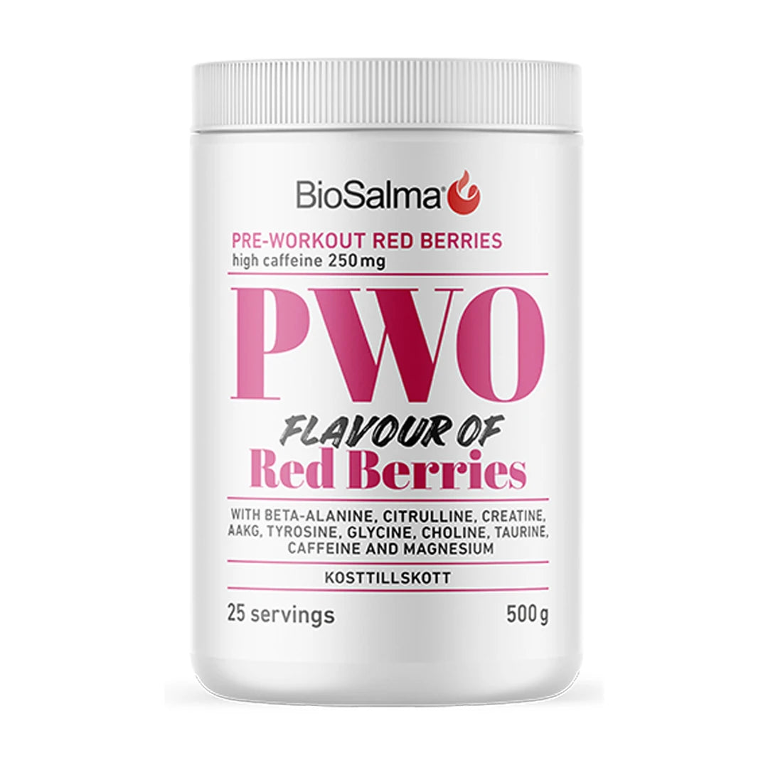 BioSalma PWO 500 g PWO-pulver i en hvit boks med rosa detaljer og smaken Red Berries., bilde 2 av 2