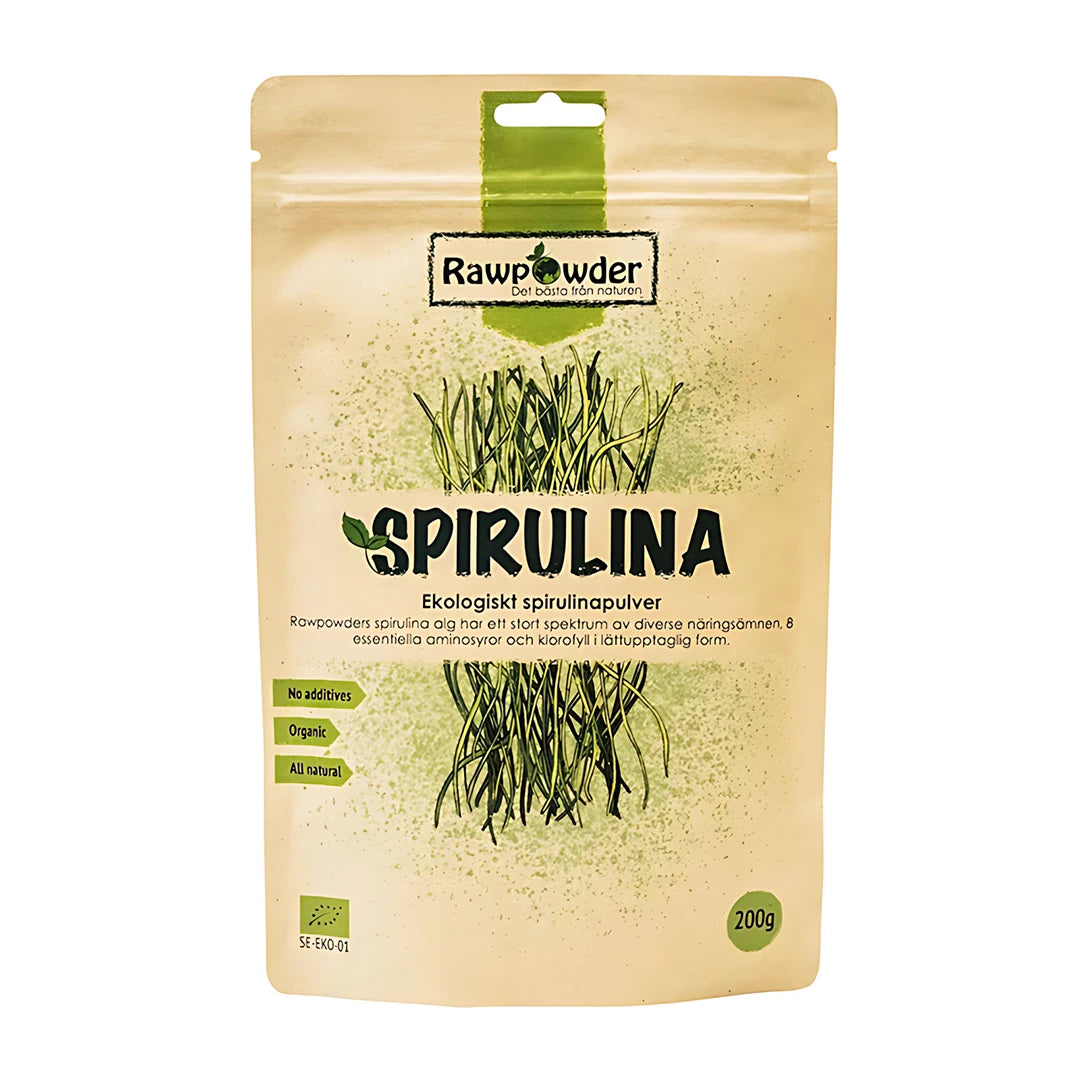 Rawpowder Spirulinapulver 200 g økologisk kosttilskudd i en beige papirpose med grønne detaljer.