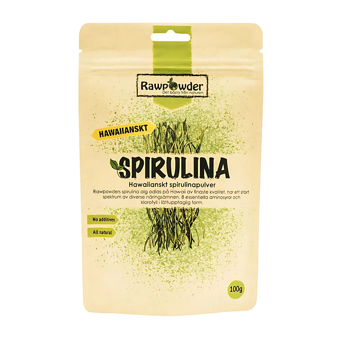 Rawpowder Spirulinapulver Hawaii 100 g i en lys forpakning med grønn tekst og grønne detaljer.