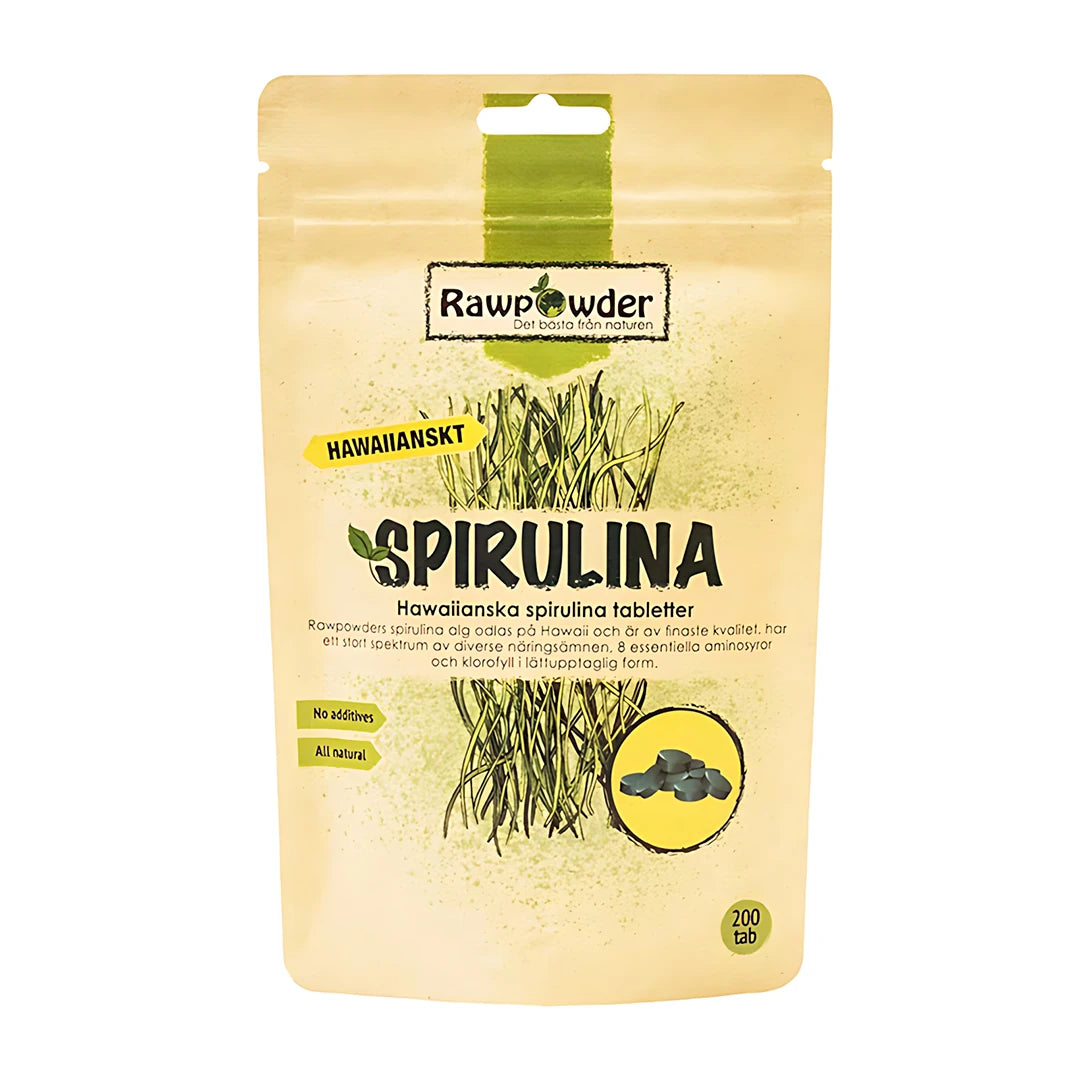 Rawpowder Spirulina Hawaii 200 tabs i en beige papirpose med grønne detaljer og illustrasjoner.