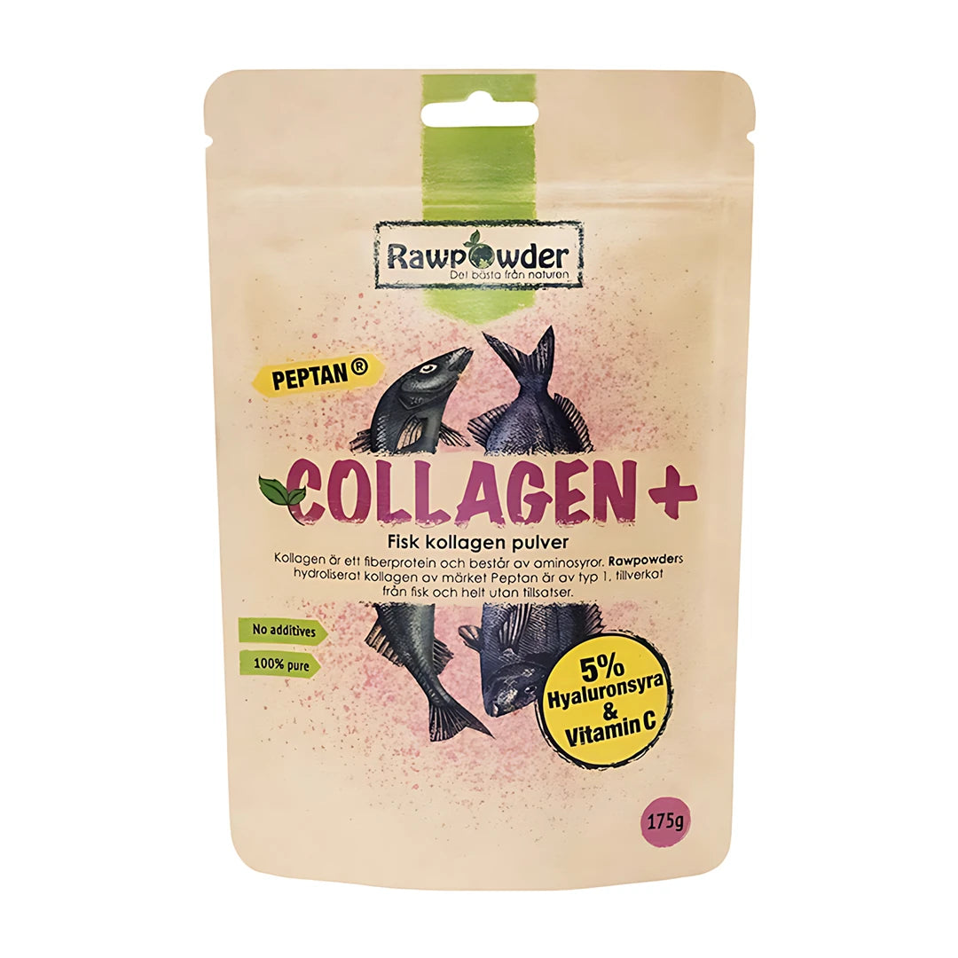 Rawpowder Collagen+ 175 g er et fiskekollagenpulver i en beige pose med lilla tekst og illustrasjoner av fisker.