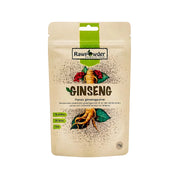 Rawpowder Ginsengpulver 75 g i en beige påse med gröna detaljer och illustration av ginsengrot.