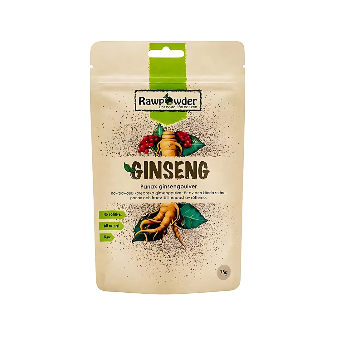 Rawpowder Ginsengpulver 75 g i en beige pose med grønne detaljer og illustrasjon av ginsengrot.