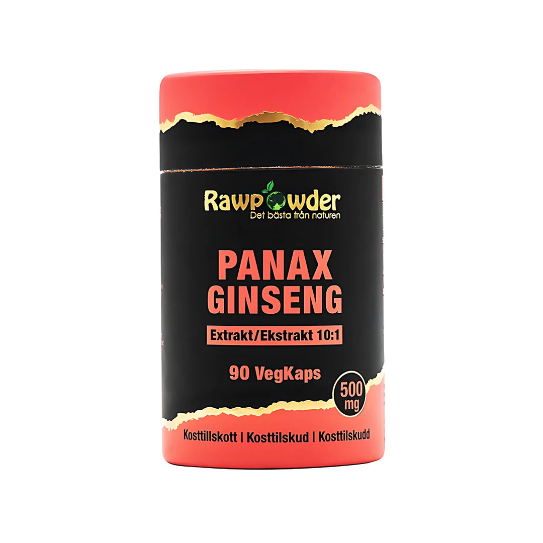 Rawpowder Panax Ginseng 90 caps kosttilskudd i en svart boks med røde detaljer.