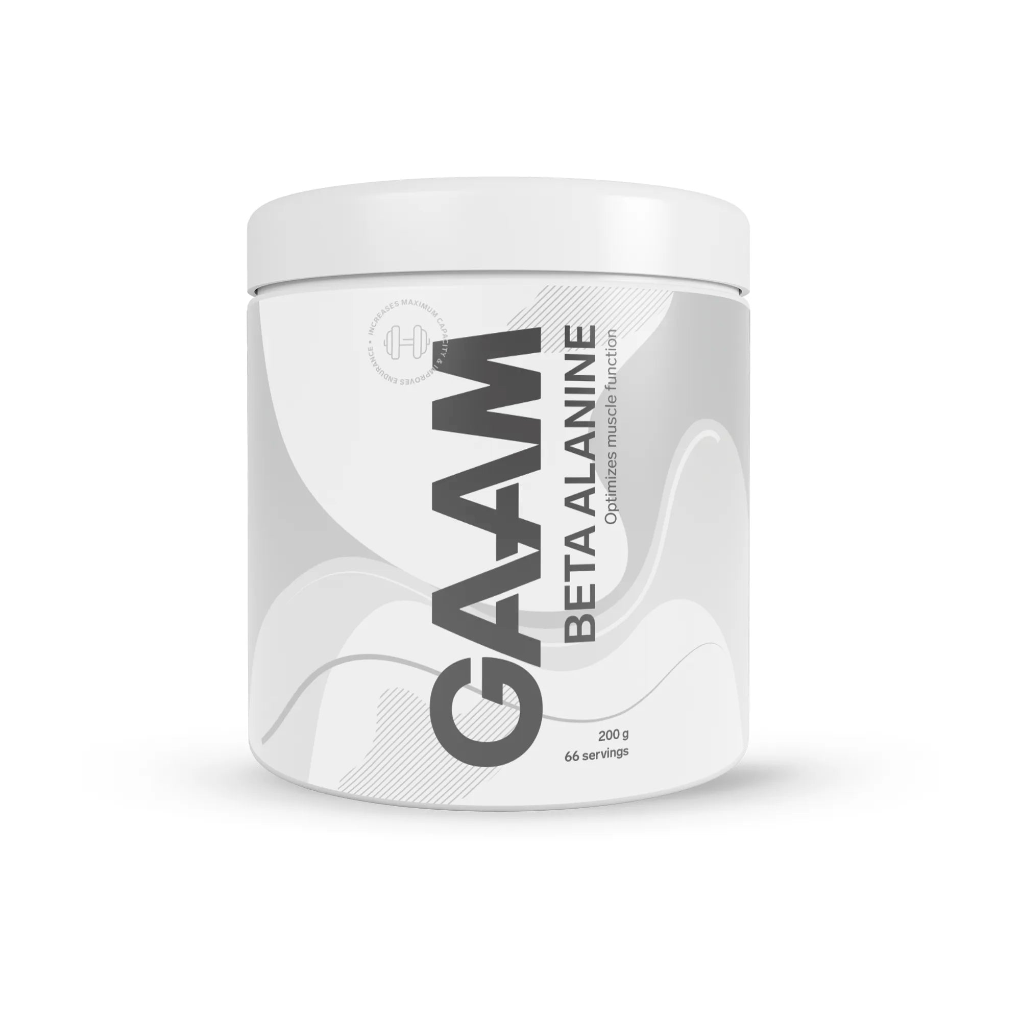 Hvit boks med GAAM Beta alanine 200 g aminosyrer i pulverform for pre-workout.
