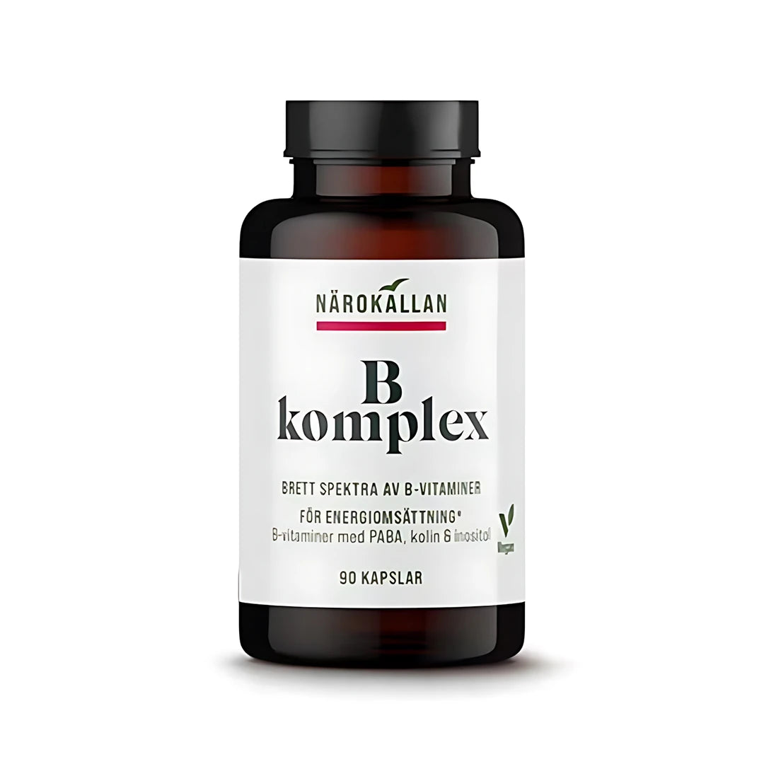 Närokällan B-komplex 90 caps i en mørkebrun boks med hvit etikett, et vegansk kosttilskudd med alle B-vitaminer.