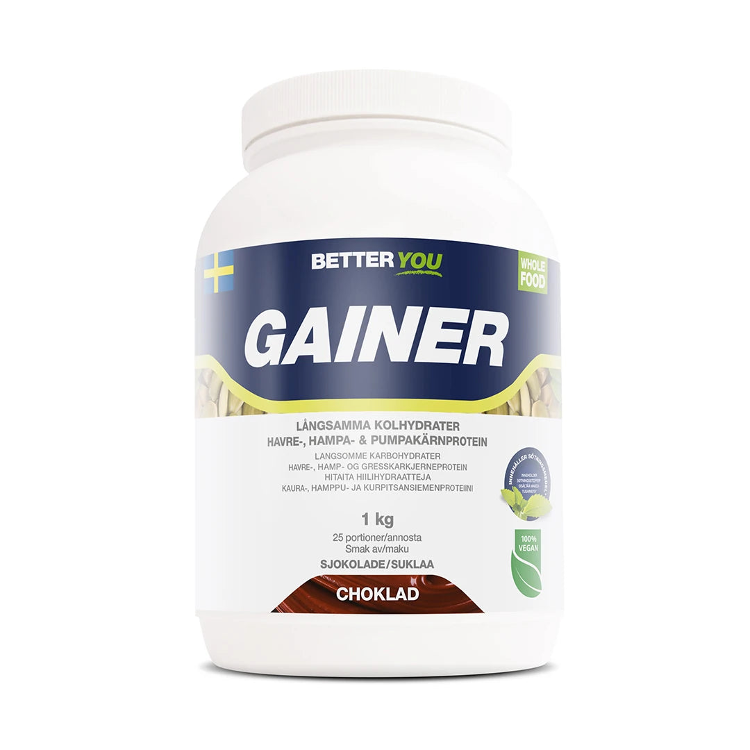 Better You Whole Food Gainer 1kg vegansk gainer med sjokoladesmak i en hvit boks med blå og grønne detaljer.