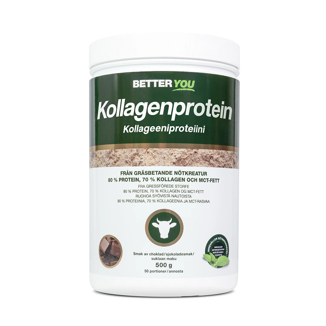 Better You Kollagenprotein 500 g proteinpulver i en hvit boks med mørkegrønn etikett og smak av sjokolade.