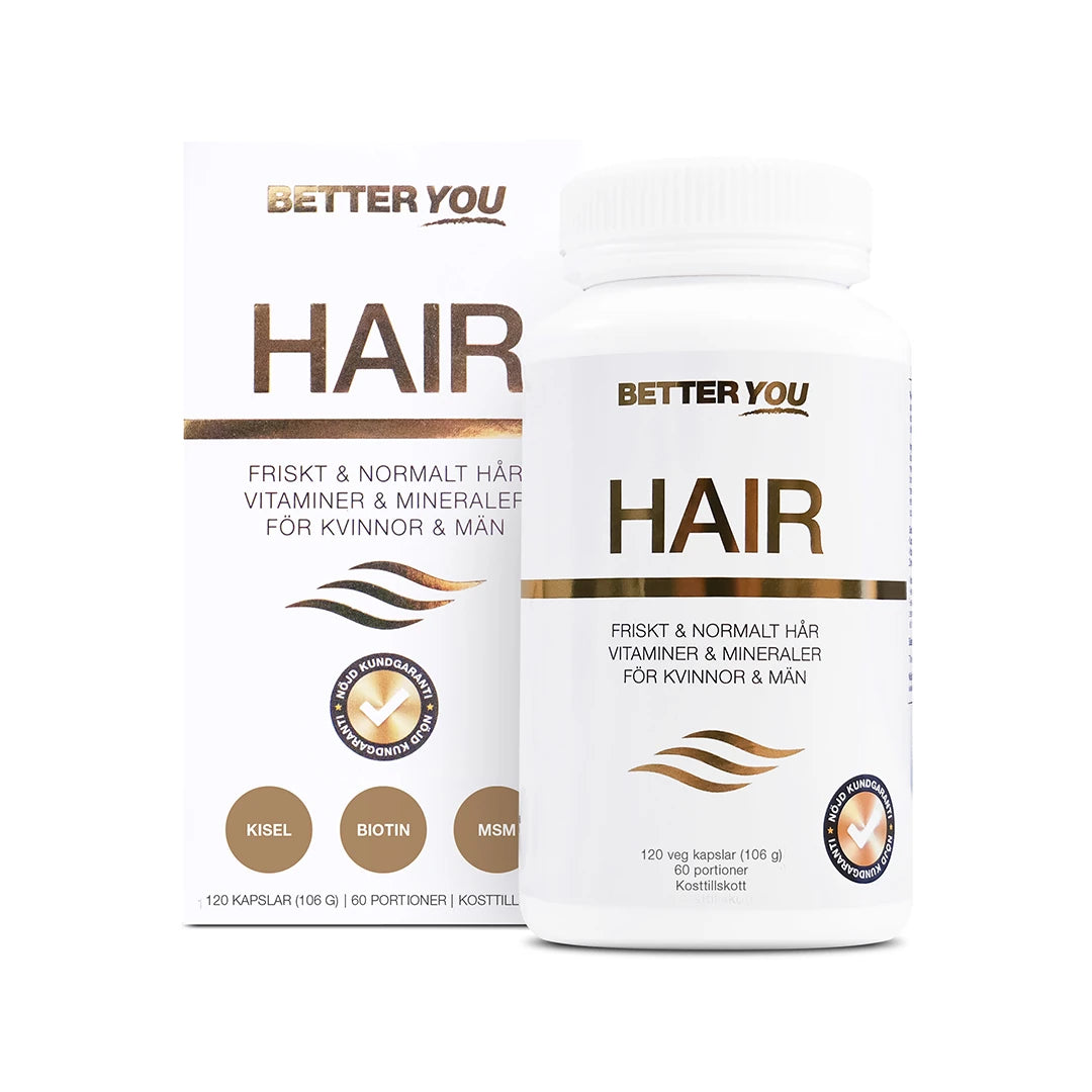 Better You Hair - 120 caps kosttilskudd i en hvit boks og eske med bronsefargede detaljer.