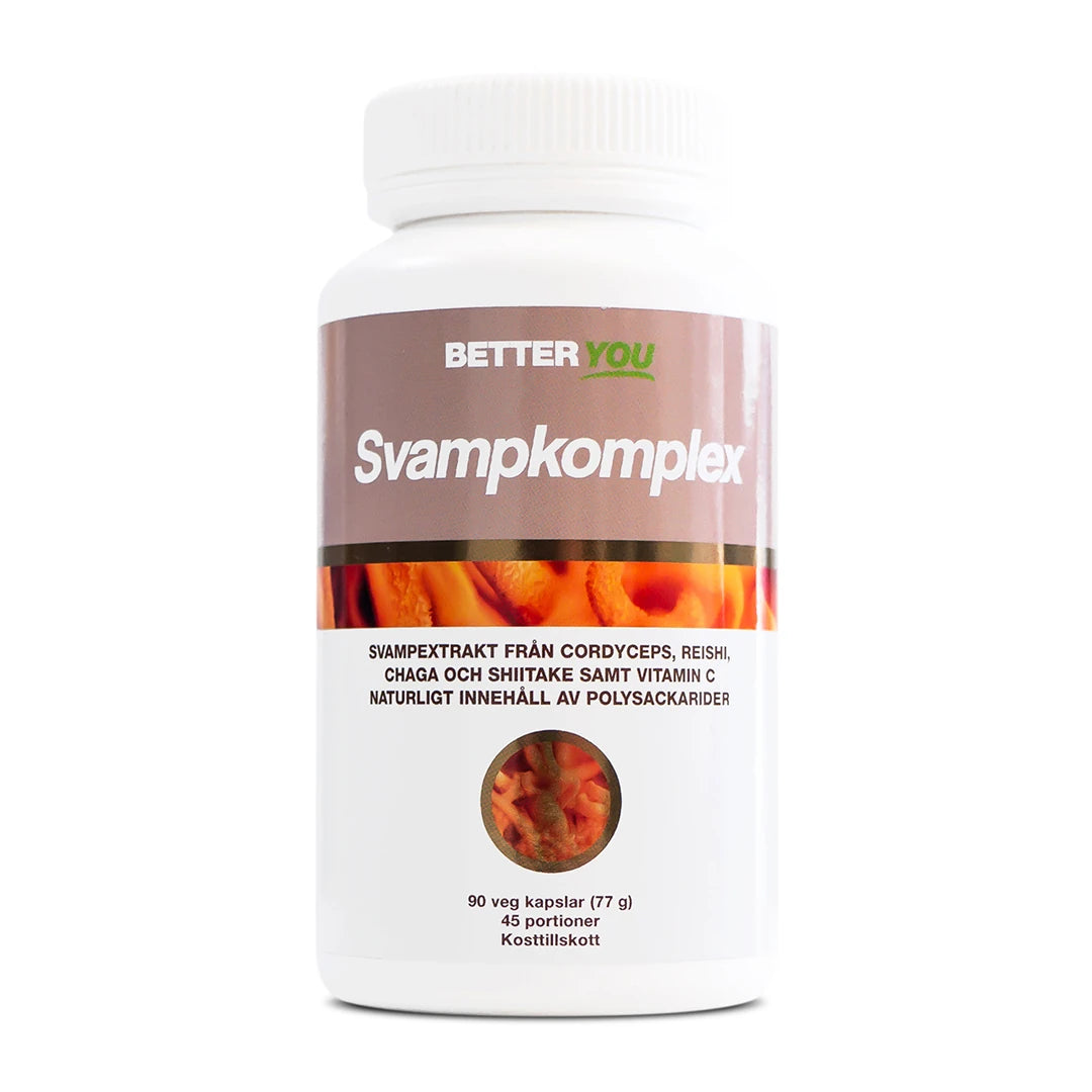 Better You Svampkomplex - 90 caps kosttilskudd i en hvit boks med brune og oransje detaljer.