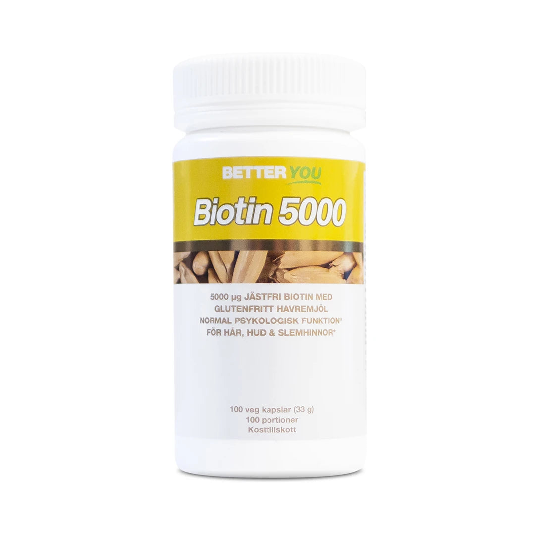 Better You Biotin 5000 - 100 caps kosttilskudd pakket i en hvit BIO-boks med gul og hvit etikett.