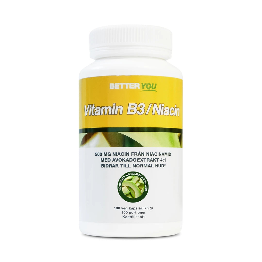 Better You Vitamin B3 / Niacin - 100 caps pakket i en hvit boks med gul etikett og grønne avokadodetaljer.