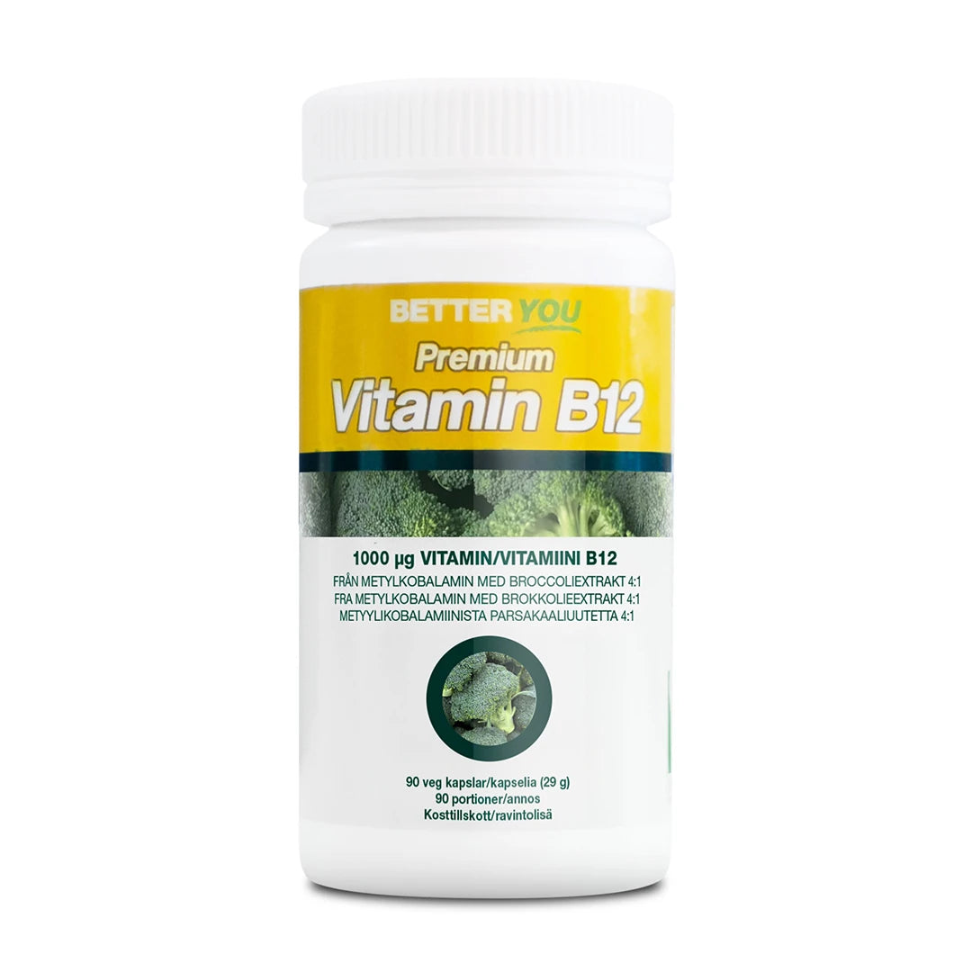 Better You Premium Vitamin B12 - 90 caps i en hvit boks med gul etikett og bilder av brokkoli.