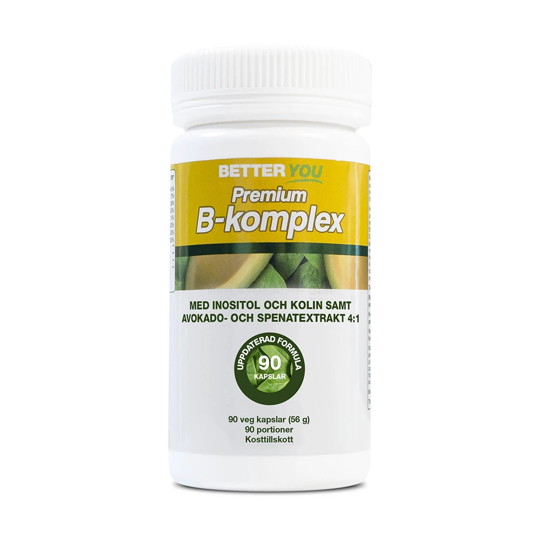 Better You Premium B-komplex 90 kapsler i en hvit boks med gul etikett og grønne detaljer.
