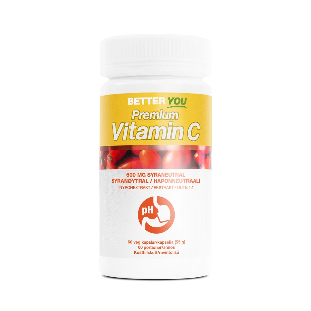 Better You Premium Vitamin C 60 kapsler i en hvit boks med gul etikett og røde nypedetaljer.