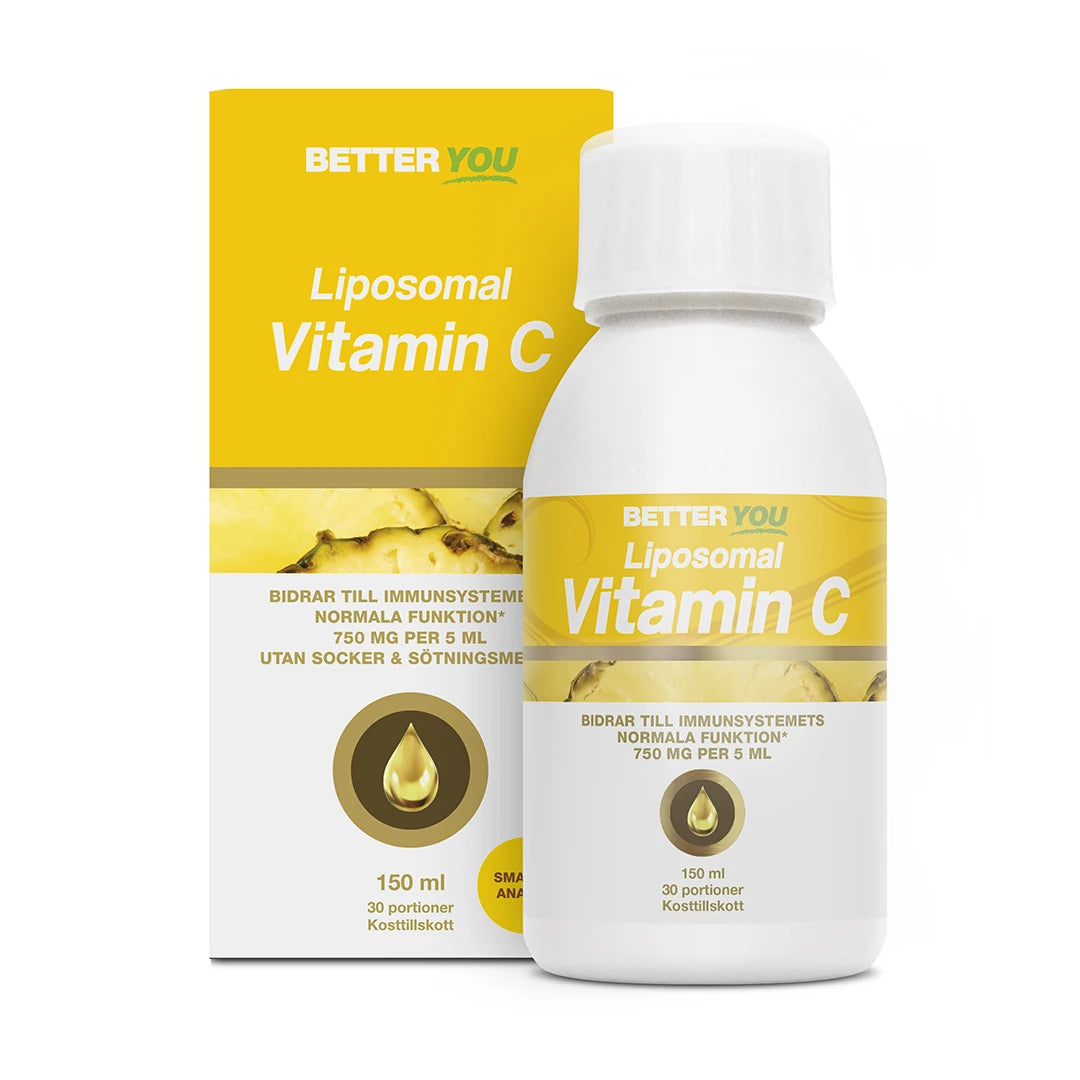 Better You Liposomal Vitamin C 150 ml flytende kosttilskudd, hvit flaske med gul etikett og tilhørende eske.