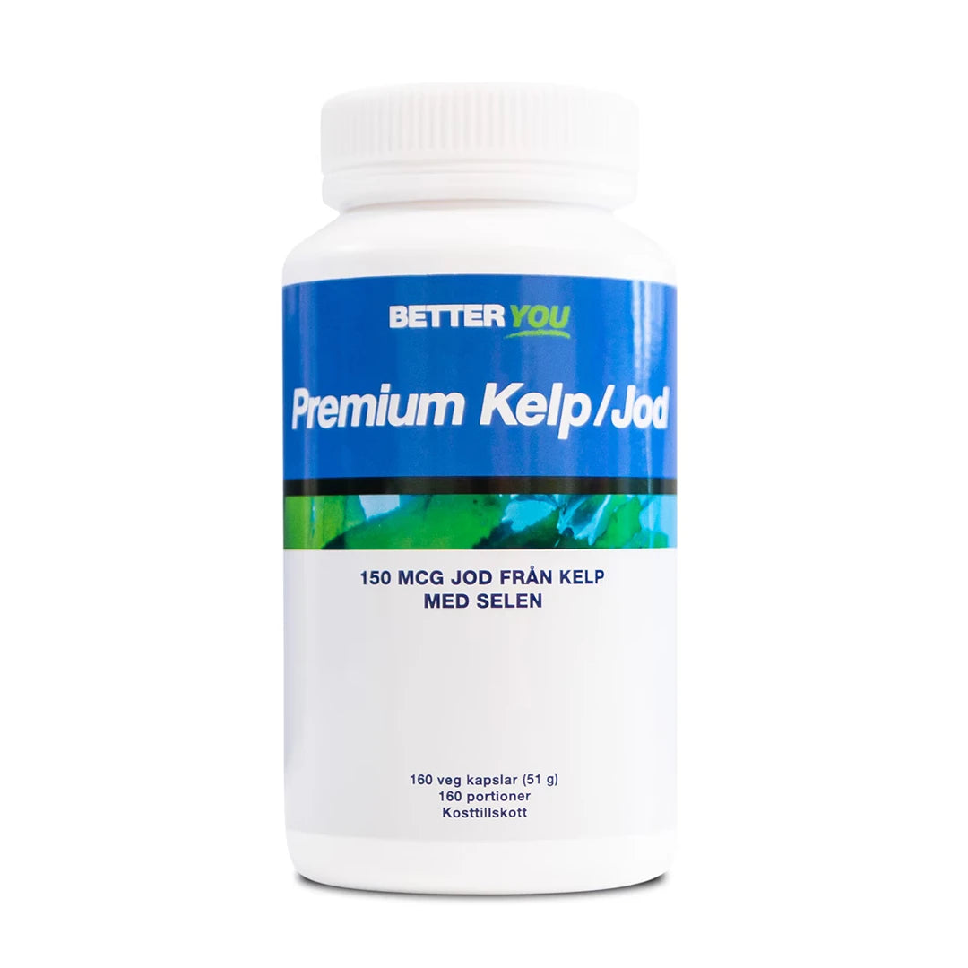 Better You Premium Kelp/Jod - 160 kapsler i en hvit boks med blå og grønn etikett.