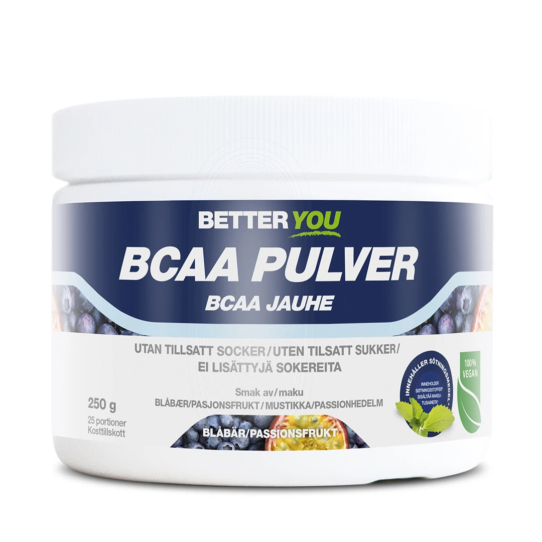 Better You Naturlig BCAA Pulver 250 g i en hvit boks med blå etikett, smak av blåbær og pasjonsfrukt.