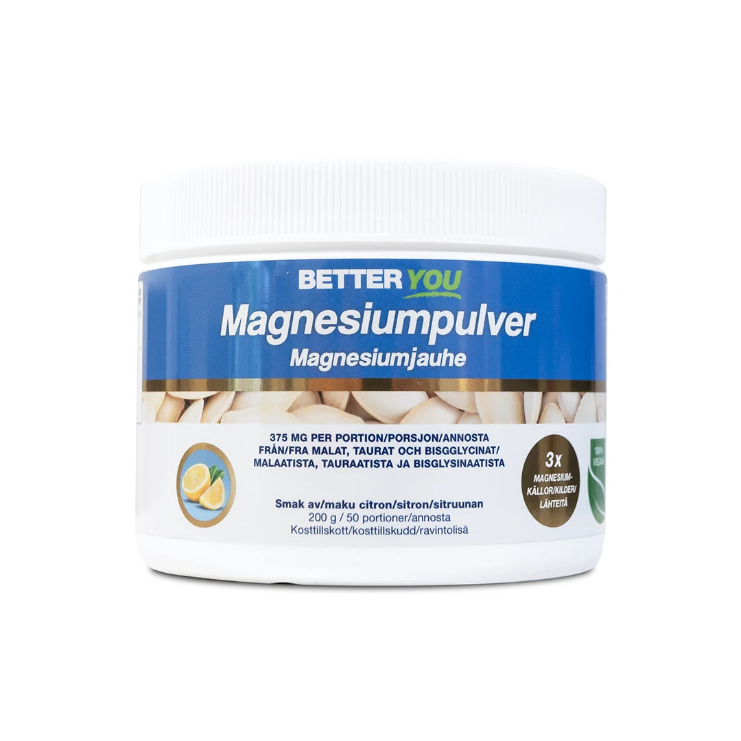 Better You Magnesiumpulver 200 g kosttilskudd i en hvit boks med blå etikett og sitronsmak.