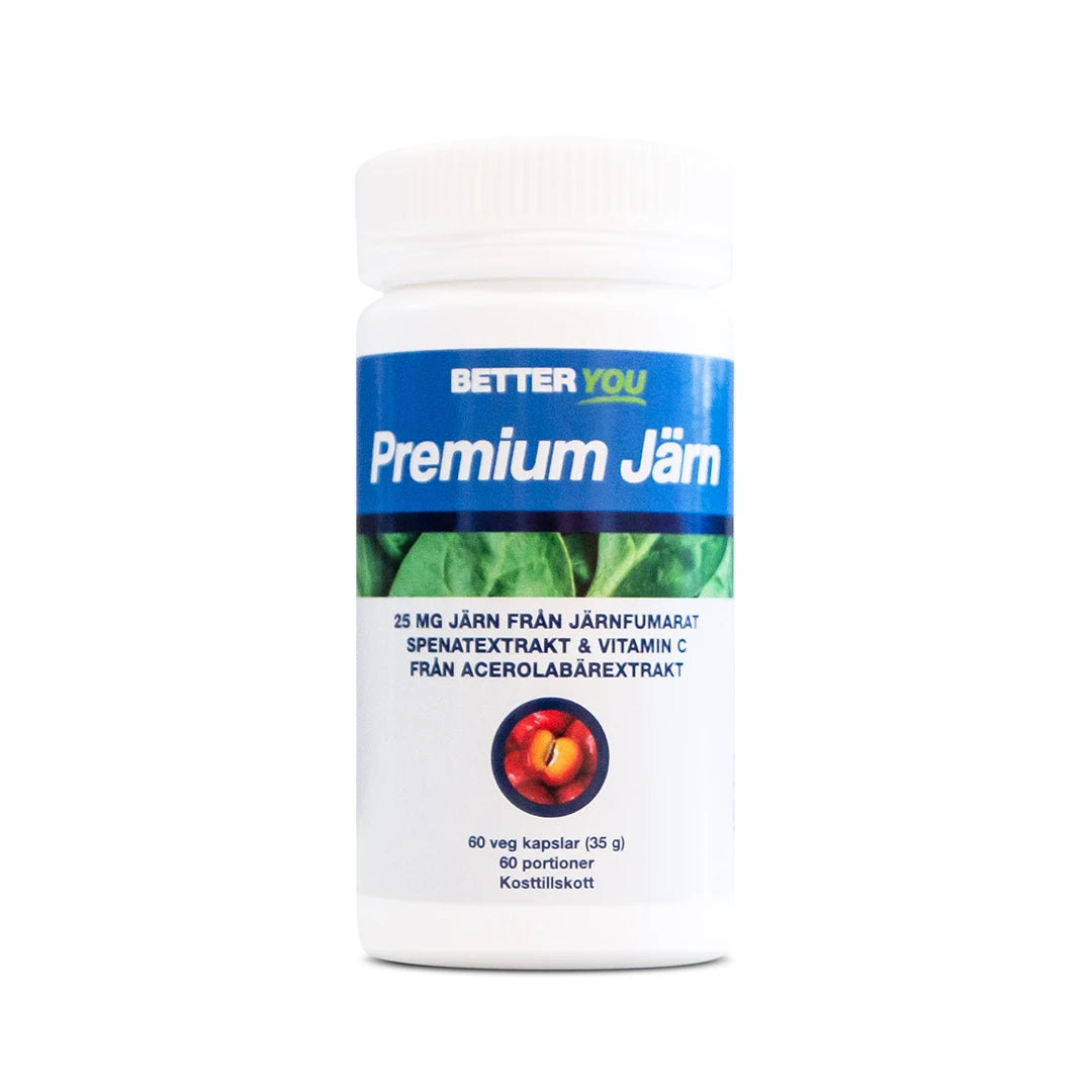 Better You Premium Järn - 60 kaps kosttilskudd pakket i en hvit boks med blå og grønne detaljer.