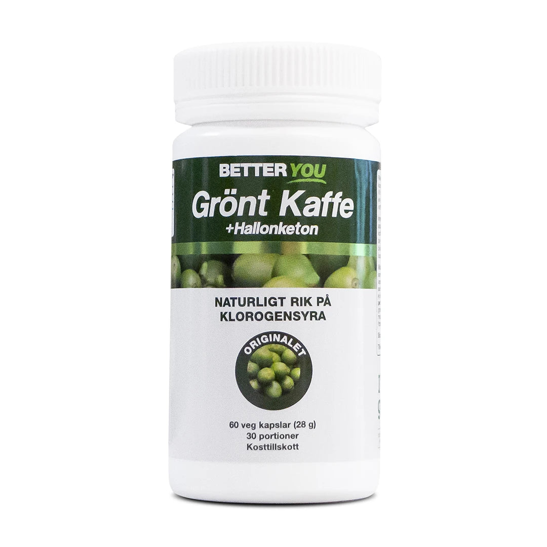 Better You Grönt Kaffe + Hallonketon 60 kaps kosttilskudd i en hvit boks med grønn etikett og bilde av kaffebønner.
