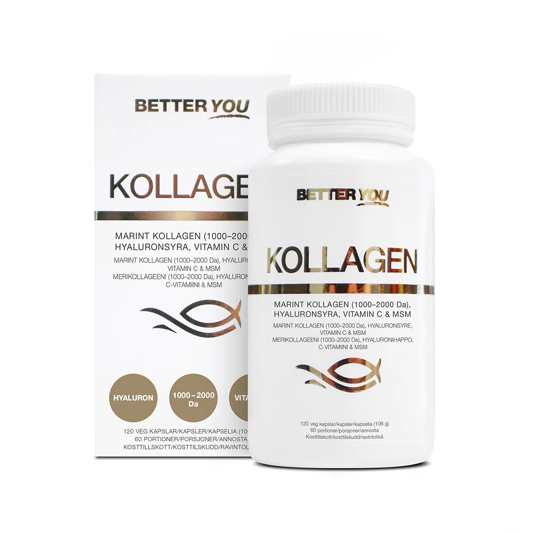 Better You Premium Kollagen - 120 kaps i en hvit boks med tilhørende eske og kobberfargede detaljer.