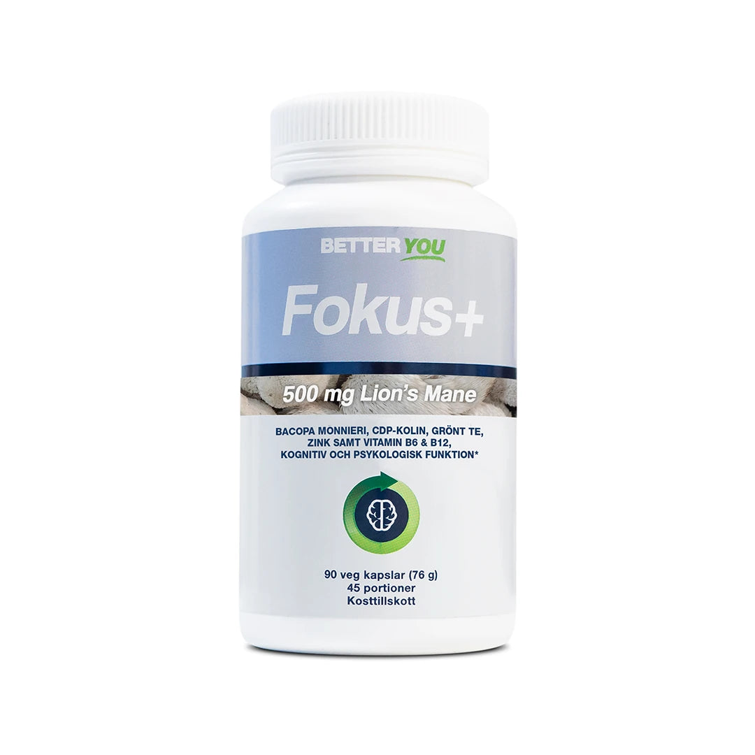 Better You Fokus Plus - 90 kaps kosttilskudd i en hvit boks med lyseblå etikett.