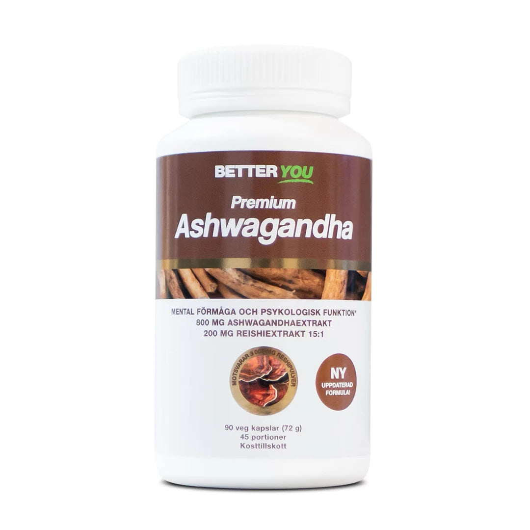 Better You Premium Ashwagandha 90 caps i en hvit plastboks med brun etikett og bilde av ashwagandharøtter.
