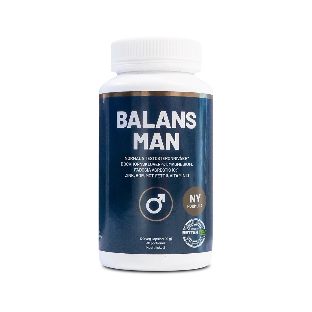 Better You Balans Man 120 caps kosttilskudd i en hvit boks med mørkeblå etikett.