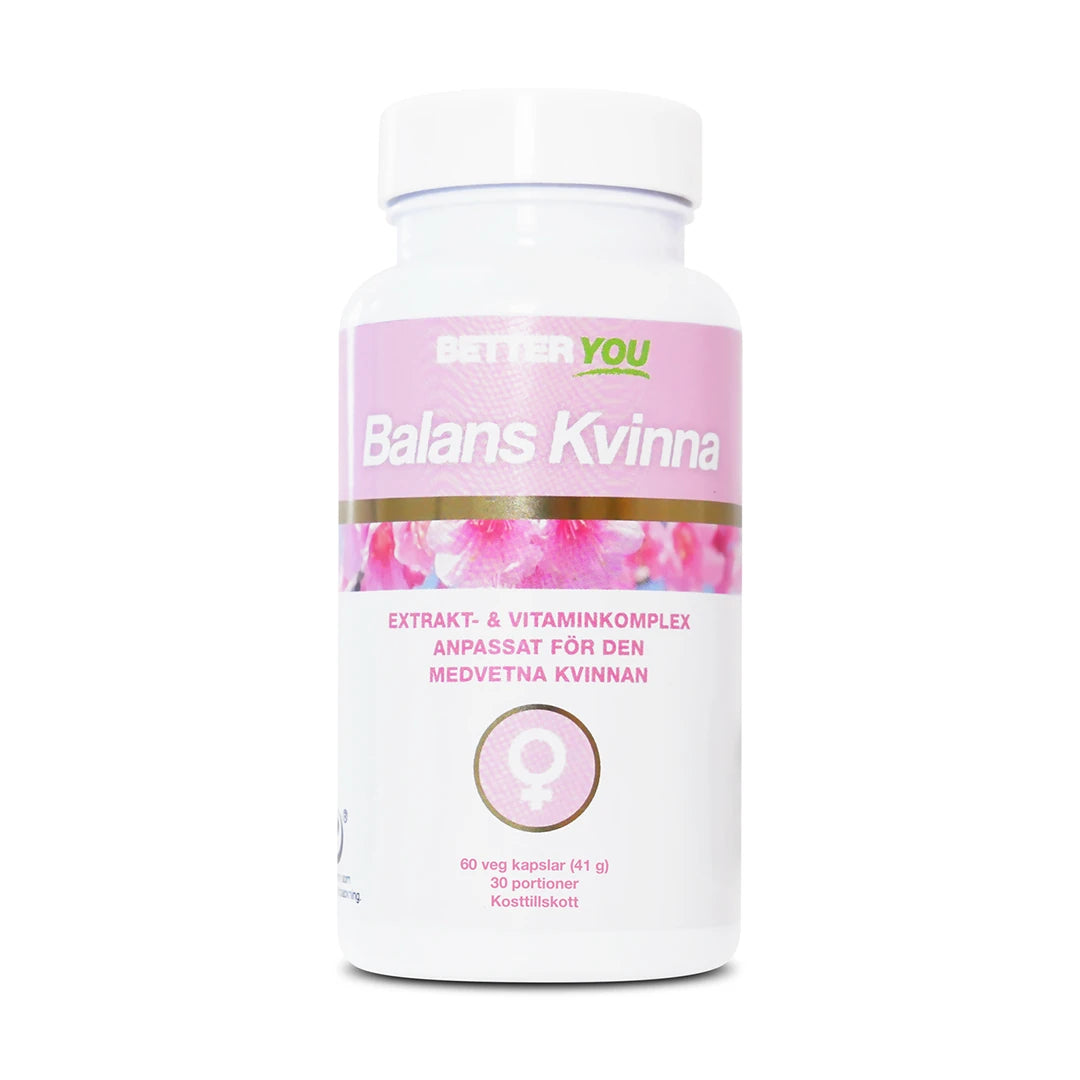 Better You Balans Kvinna 60 caps kosttilskudd i en hvit boks med rosa detaljer og blomstermotiv.