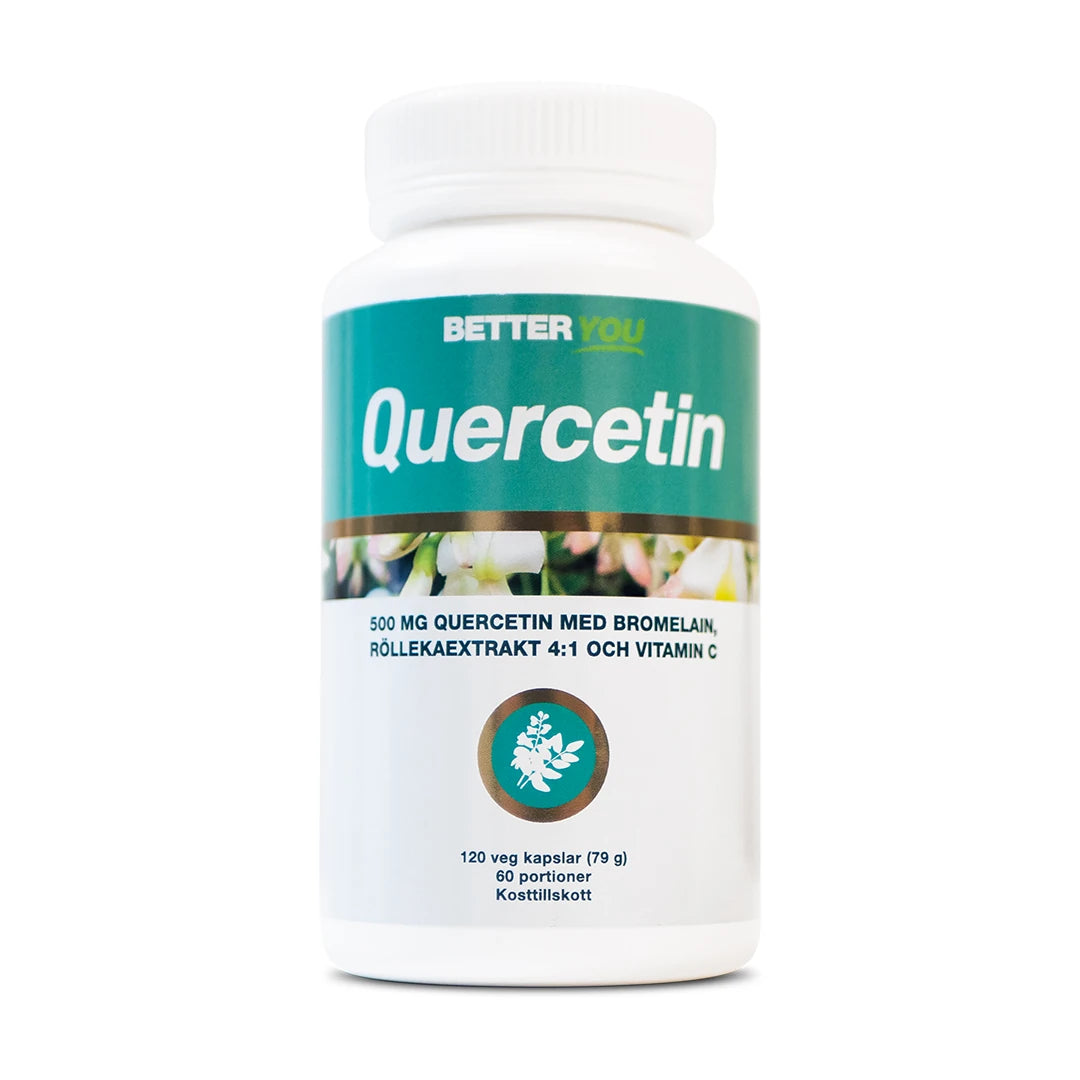 Better You Quercetin 120 caps kosttilskudd i en hvit plastboks med turkis og hvit etikett.