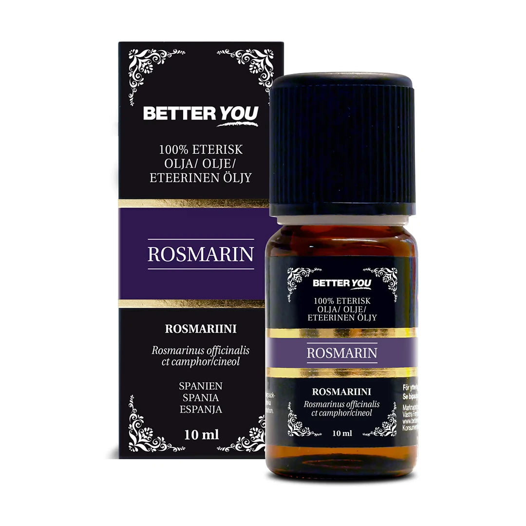 Better You Rosmarinolje ØKO Eterisk 10 ml i mørkebrun glassflaske med svart etikett og lilla detaljer, ved originalesken.