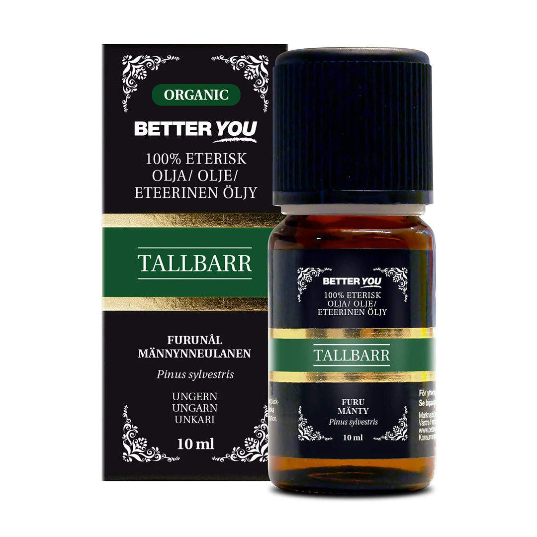 Better You Tallbarrsolja EKO Eterisk 10 ml i mørk glassflaske med svart lokk og tilhørende eske med grønne detaljer.