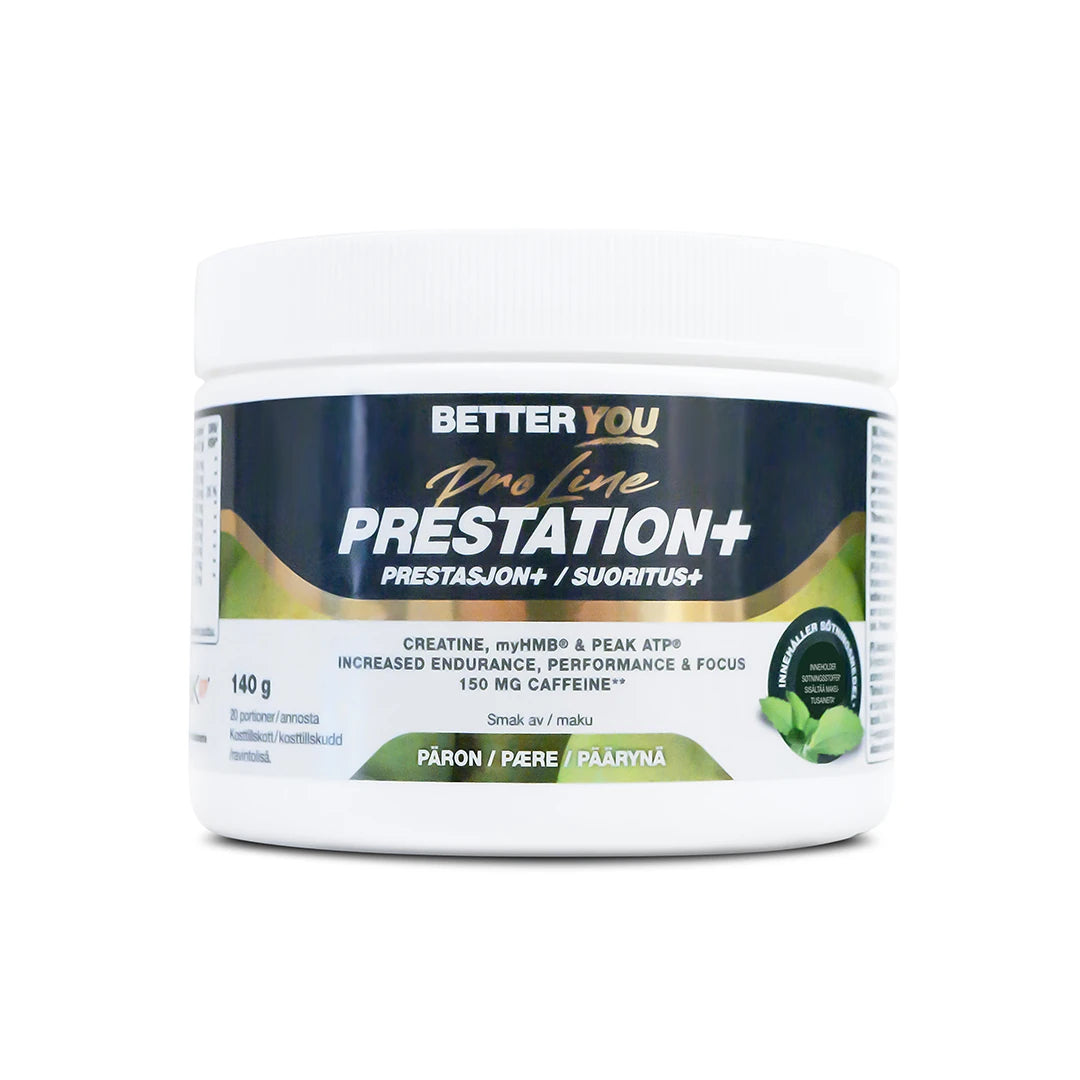 Better You Prestation Plus 140 g prestasjonsøker i pulverform med pæresmak, pakket i en hvit boks.