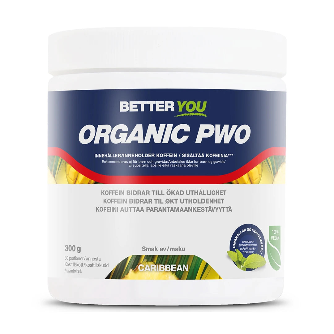 Better You Organic PWO 300 g pre-workout i pulverform, pakket i en hvit boks med smaken Caribbean.