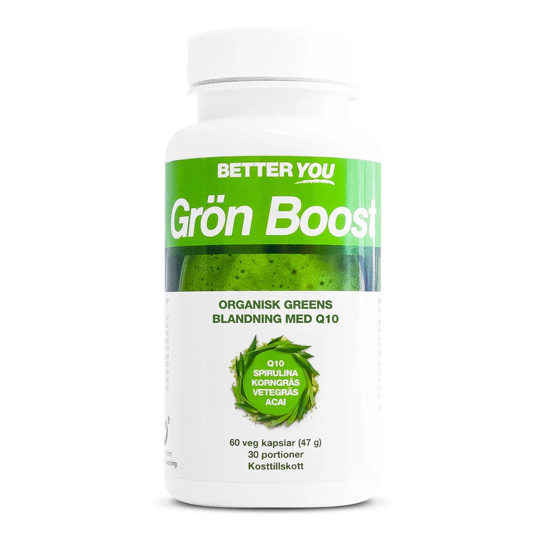 Better You Grön Boost Kapslar 60 kaps 0,047 kg kosttilskudd i en hvit plastboks med grønn etikett.