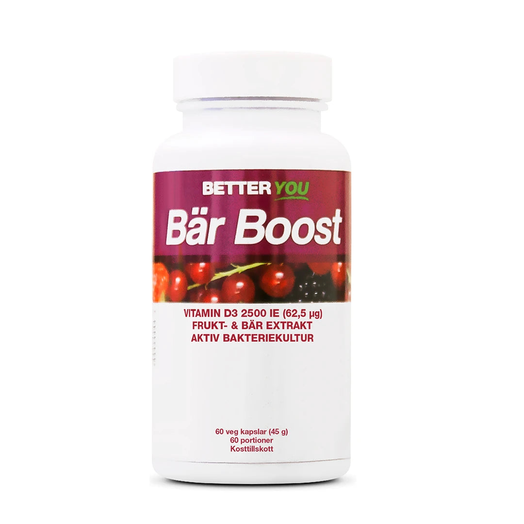 Better You Bär Boost Kapslar 60 kaps kosttilskudd, pakket i en hvit boks med bærmotiv.