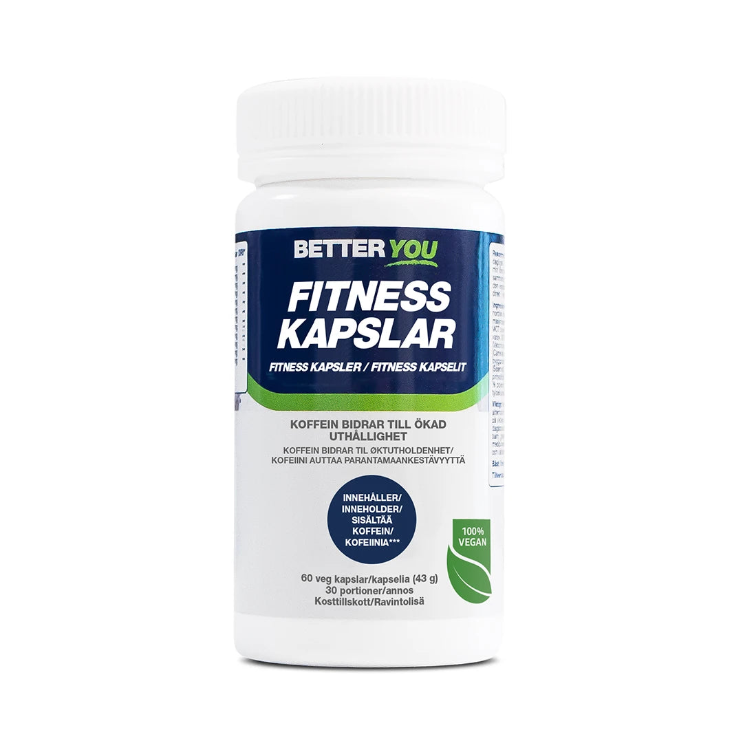 Hvit boks med blå og grønn etikett som inneholder Better You Fitness Kapsler med koffein 60 caps for økt utholdenhet.