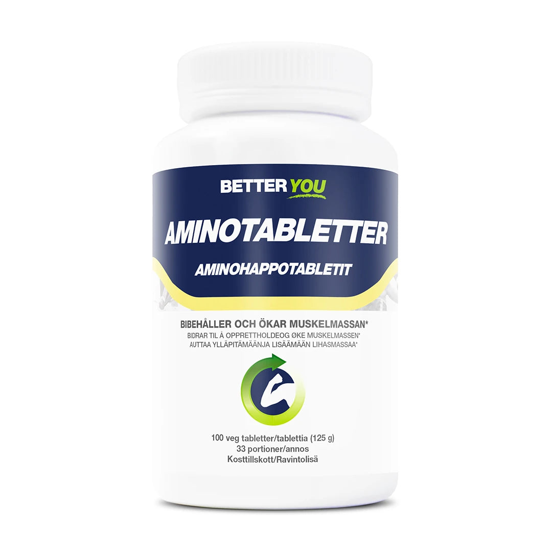 Better You Amino Tabletter 100 tabs aminosyretilskudd i en hvit boks med mørkeblå og grønne detaljer.