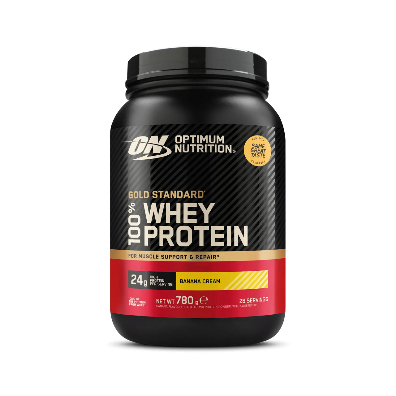 Optimum Nutrition 100% Whey Gold Standard 775 g proteinpulver i en svart boks med røde detaljer for smaken Banana.