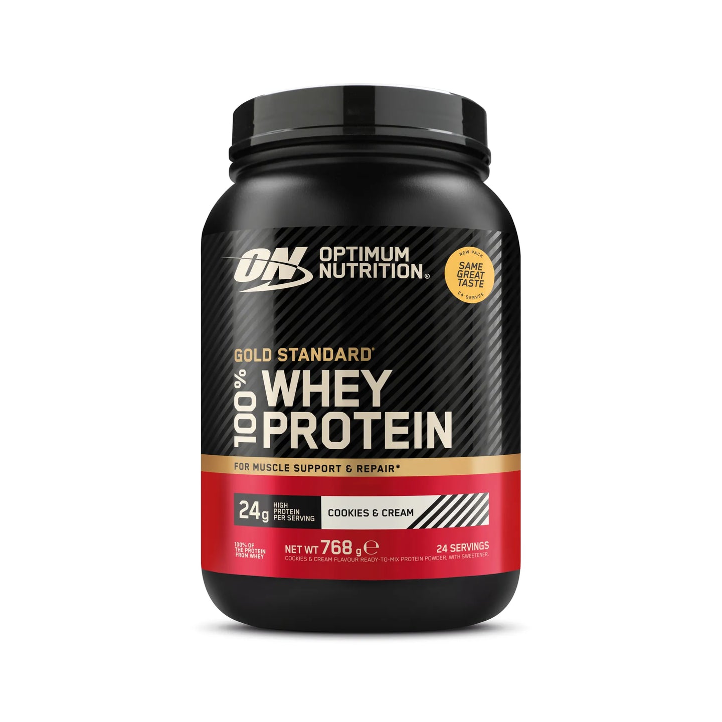 Optimum Nutrition 100% Whey Gold Standard 775 g proteinpulver i en svart boks med røde detaljer for smaken Cookies &amp; Cream., bilde 2 av 8