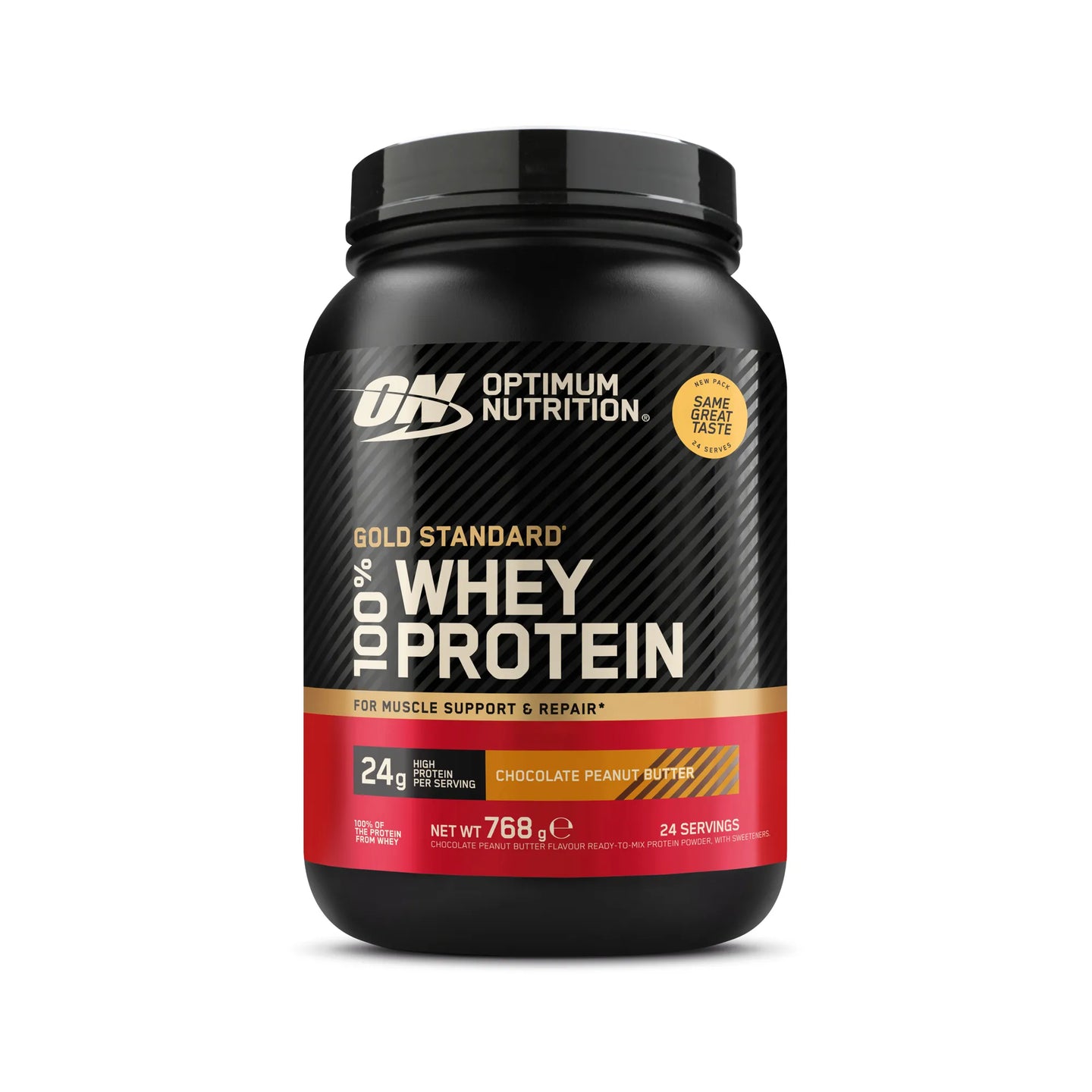Optimum Nutrition 100% Whey Gold Standard 775 g i en svart boks med røde detaljer og smaken Chocolate Peanut Butter., bilde 3 av 8