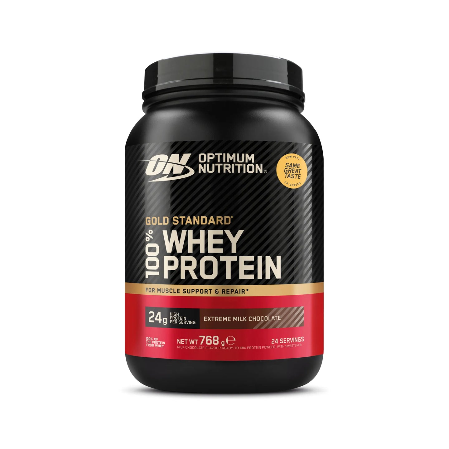 Optimum Nutrition 100% Whey Gold Standard 775 g i en svart boks med rødt bånd for smaken Extreme Milk Chocolate., bilde 5 av 8